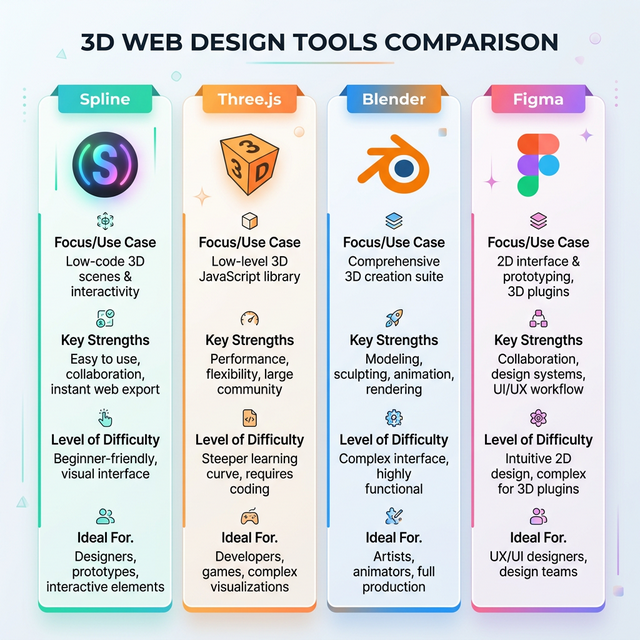 Comparison chart showing Spline, Three.js, Blender, and Figma as 3D web design tools with their use cases