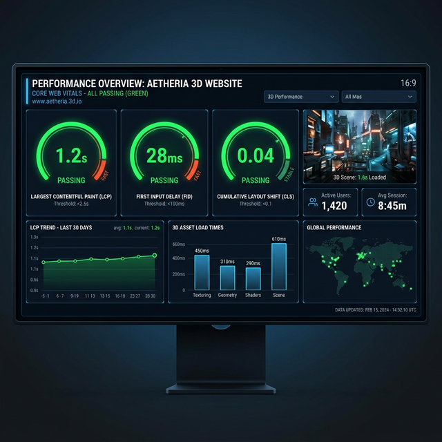 Dashboard showing Core Web Vitals metrics for a 3D immersive website achieving green scores across all metrics