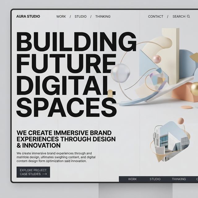 Modern web design that blends brutalist typography with 3D WebGL elements in a clean, editorial grid layout