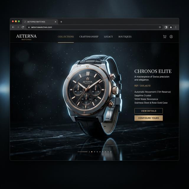 WebGL 3D luxury product showcase displaying a rotating high-end watch in a dark, cinematic environment