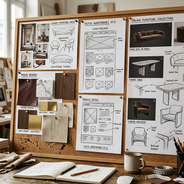 Design process board showing wireframes, mood boards, and 3D prototypes for the Minotti furniture showcase